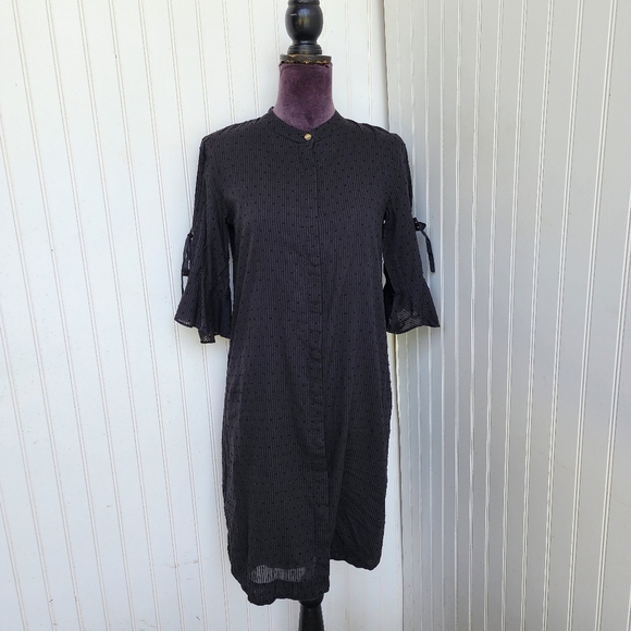 DKNY Womens Black 3/4 Flare Sleeve Bell Fitted Dress button Down Cotton Swss XS - Picture 1 of 12